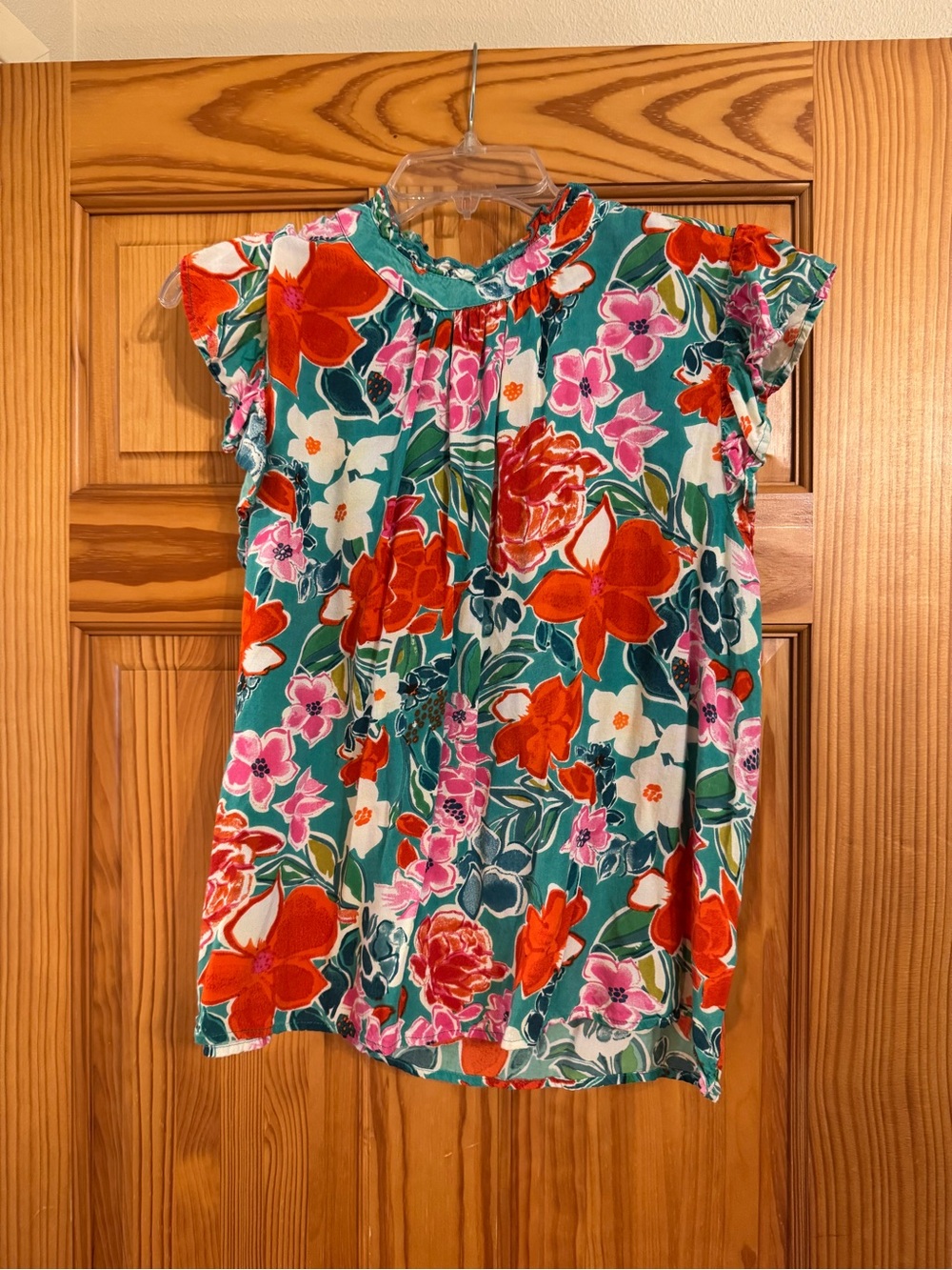 THML Medium Bright Floral Ruffled Neck Tunic - Teal, Red & Pink